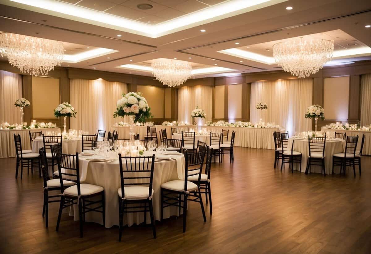 A beautifully decorated reception hall with tables, chairs, and a dance floor. The room is filled with soft lighting and elegant decor, creating a warm and inviting atmosphere