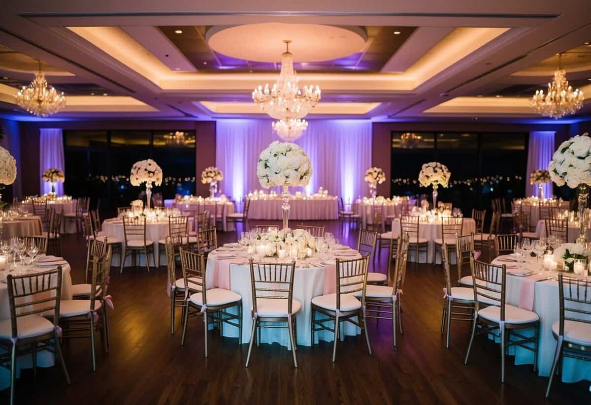 A beautifully decorated wedding reception venue with tables, chairs, flowers, and a dance floor, all illuminated by soft, romantic lighting
