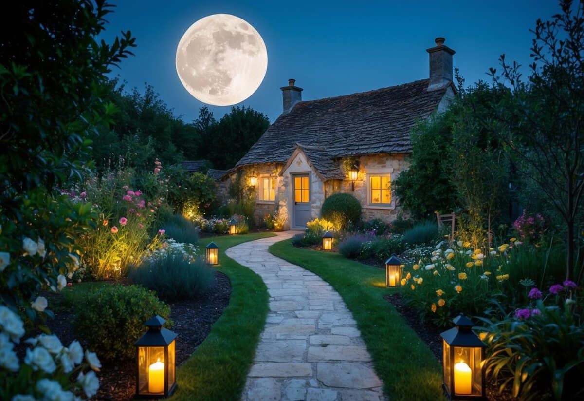 A moonlit garden with a path leading to a rustic cottage, adorned with flowers and glowing lanterns