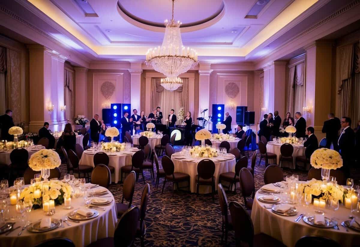 A grand reception hall with elegant decor, filled with tables adorned with flowers and candles. A live band plays in the corner, while guests mingle and enjoy the festivities