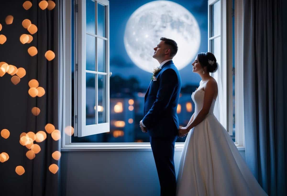 A groom stands outside a moonlit window, gazing at the silhouette of his bride-to-be sleeping peacefully in her bed