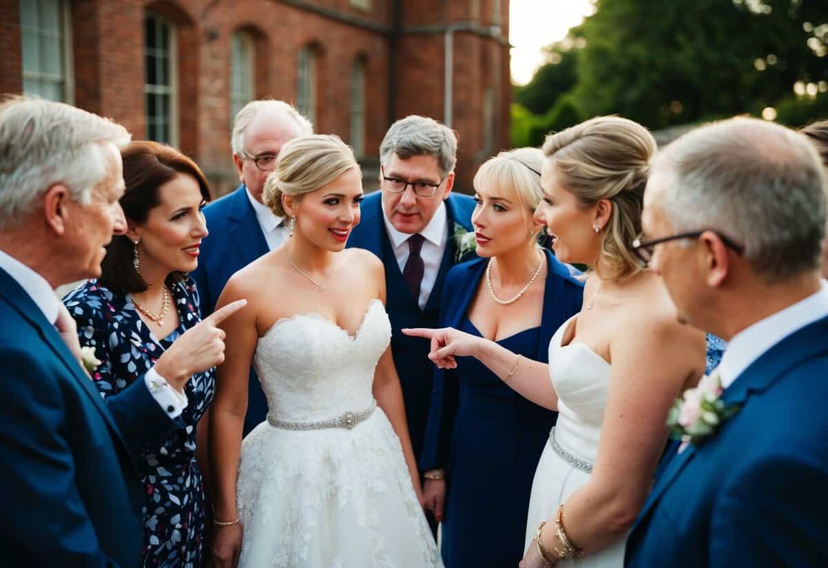 A group of figures gossiping and pointing at a wedding dress