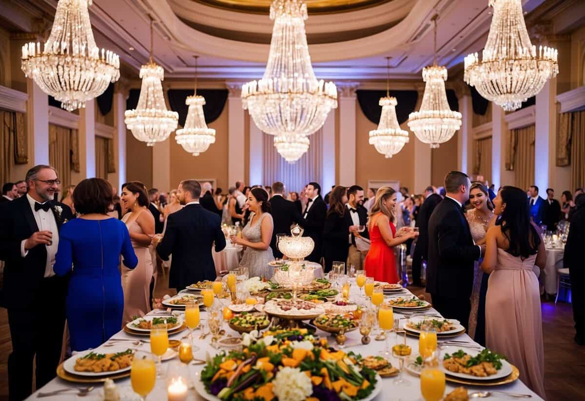 A grand banquet hall with elegant decor and a lavish spread of food and drinks. Guests mingle and dance under sparkling chandeliers as the celebration continues into the night