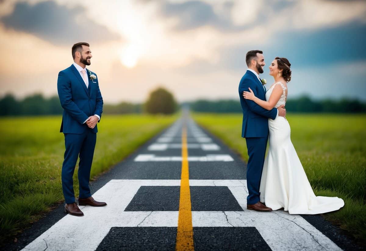 A groom stands at a crossroads, with one path leading to a peaceful night alone and the other to a joyful reunion with his bride