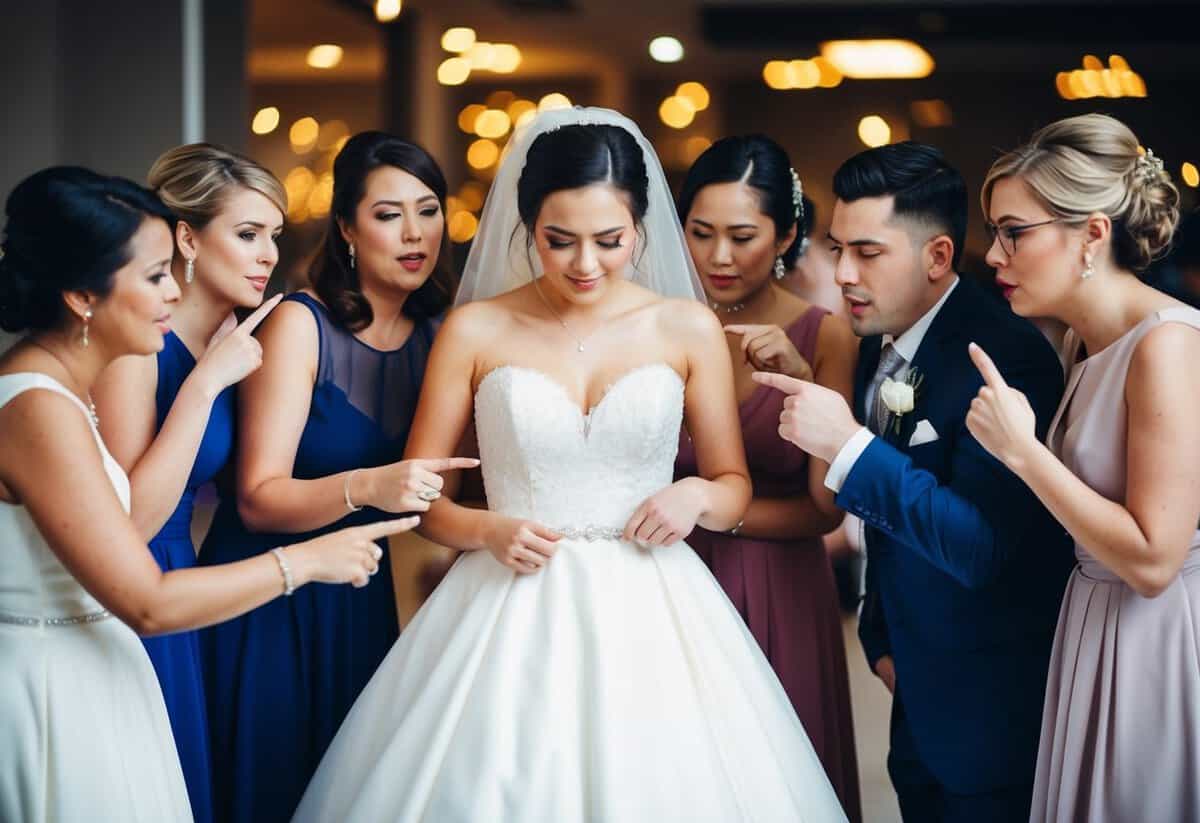 A group of people whispering and pointing at a bride's dress, while she looks down in embarrassment