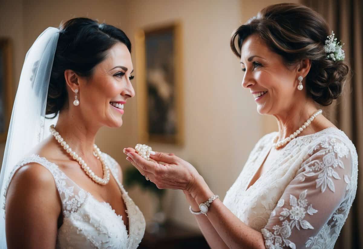 The mother of the bride presents a delicate pearl necklace to her daughter