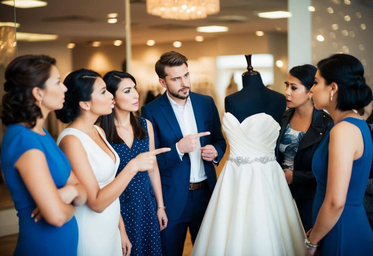 A group of people gossiping and pointing at a wedding dress displayed on a mannequin, with disapproving looks on their faces