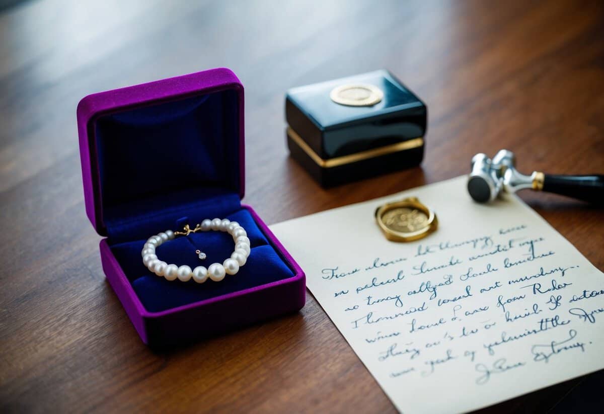 A delicate pearl necklace in a velvet box, alongside a handwritten letter sealed with a wax stamp