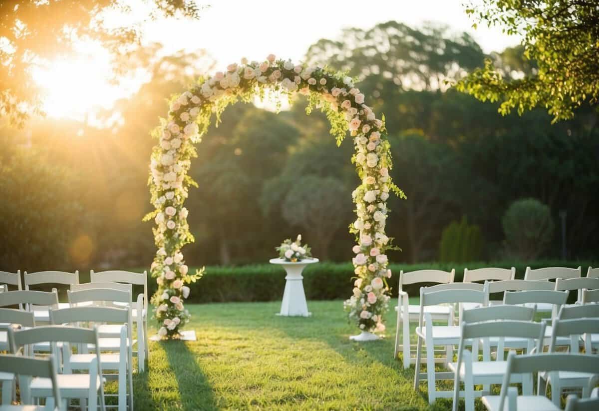 A serene outdoor setting with soft golden light casting a warm glow on a flower-filled arch and rows of empty chairs
