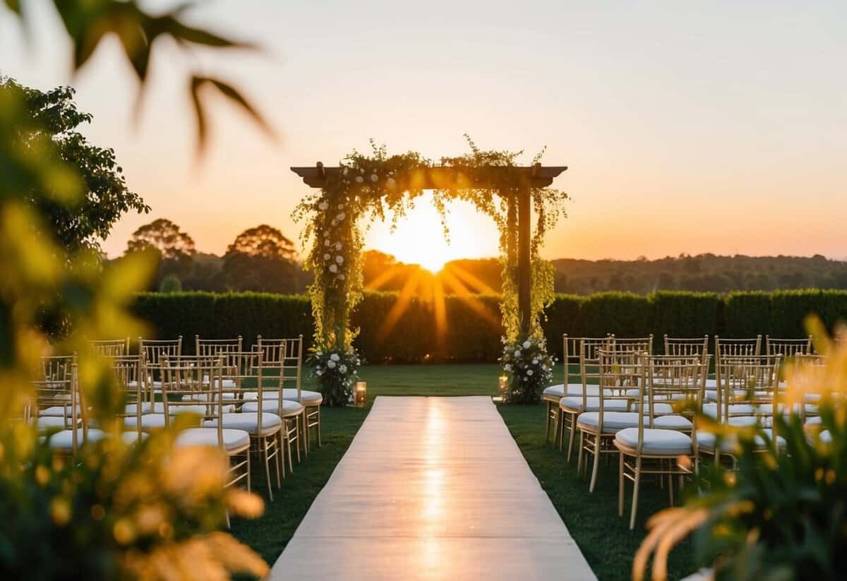 A golden sun setting behind a serene outdoor wedding venue, casting a warm glow over the lush greenery and elegant seating arrangements