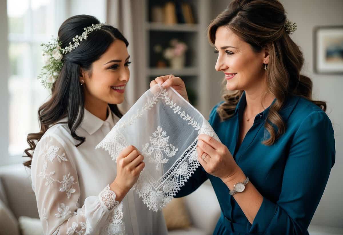 A mother presents her daughter with a delicate lace handkerchief, adorned with intricate embroidery and delicate lace edging, as a sentimental pre-wedding gift