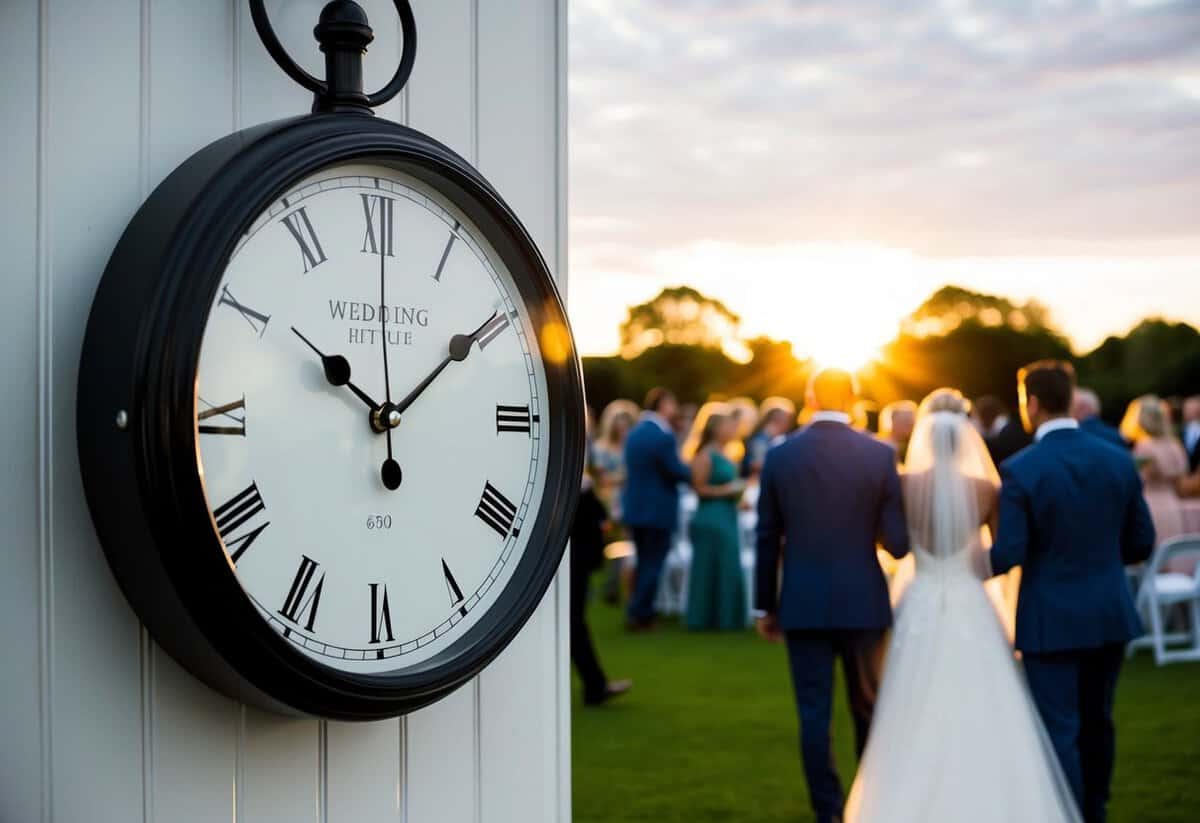 A clock showing 6:30 with a wedding venue in the background, indicating the setting sun and guests arriving