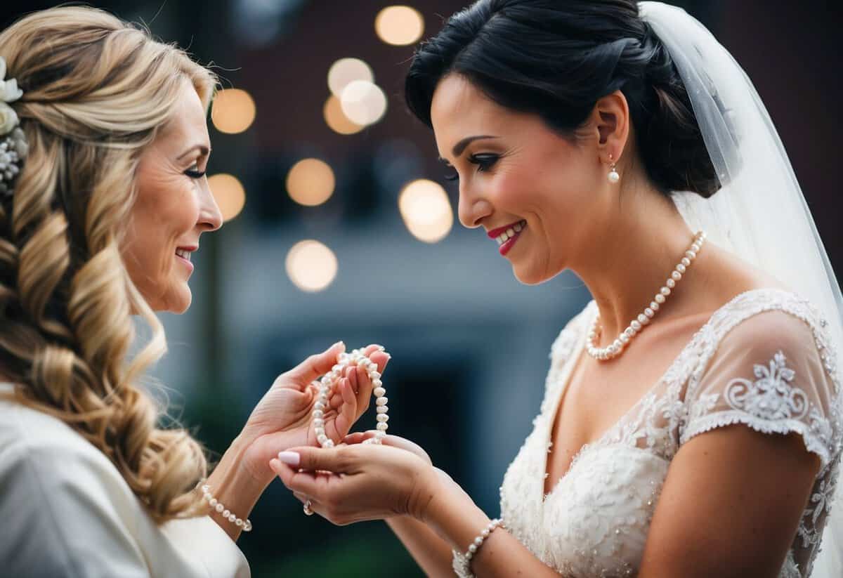 A mother tenderly presents her daughter with a delicate pearl necklace, symbolizing love and tradition on her wedding day