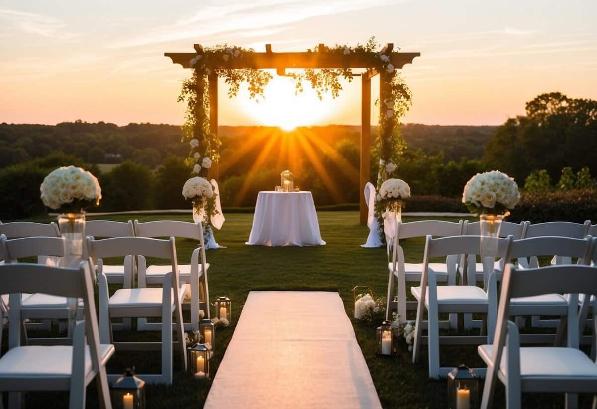 A sun setting behind a picturesque outdoor wedding venue, casting a warm glow over the ceremony area