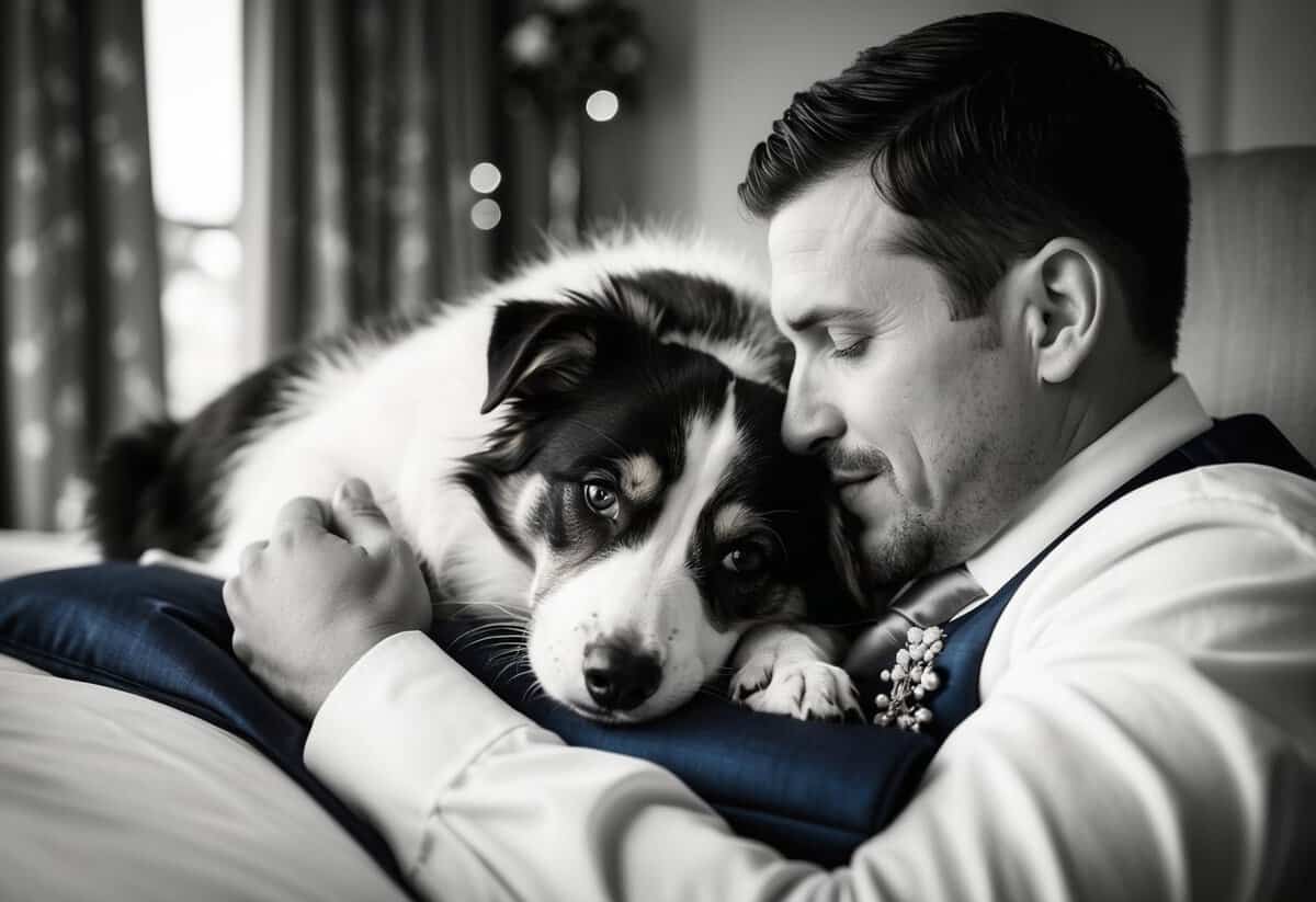 A loyal pet curls up next to the groom, keeping him company on the eve of his wedding