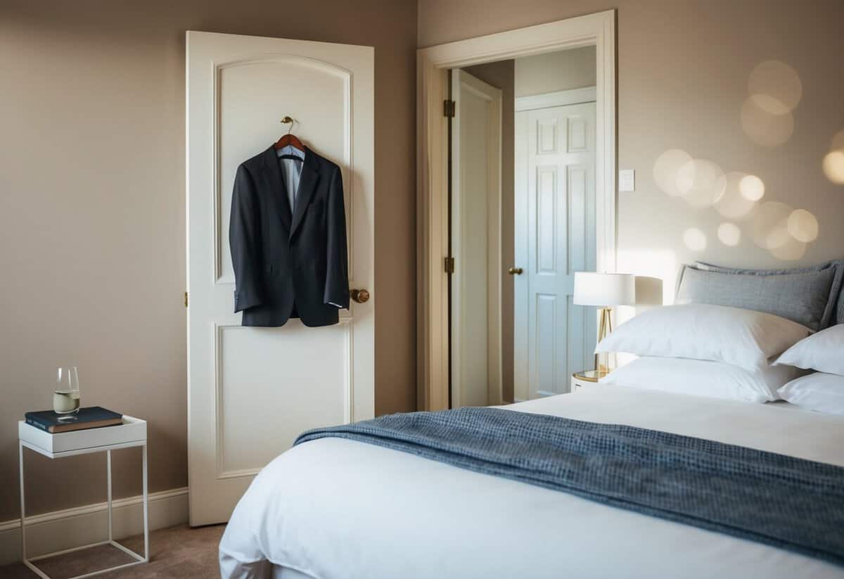 A cozy bedroom with a neatly made bed, a suit hanging on the door, and a small table with a glass of water and a book