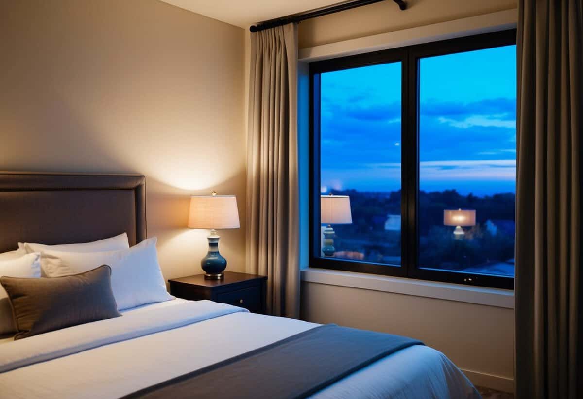 A cozy bedroom with a neatly made bed, a nightstand with a lamp, and a window showing a peaceful nighttime scene outside