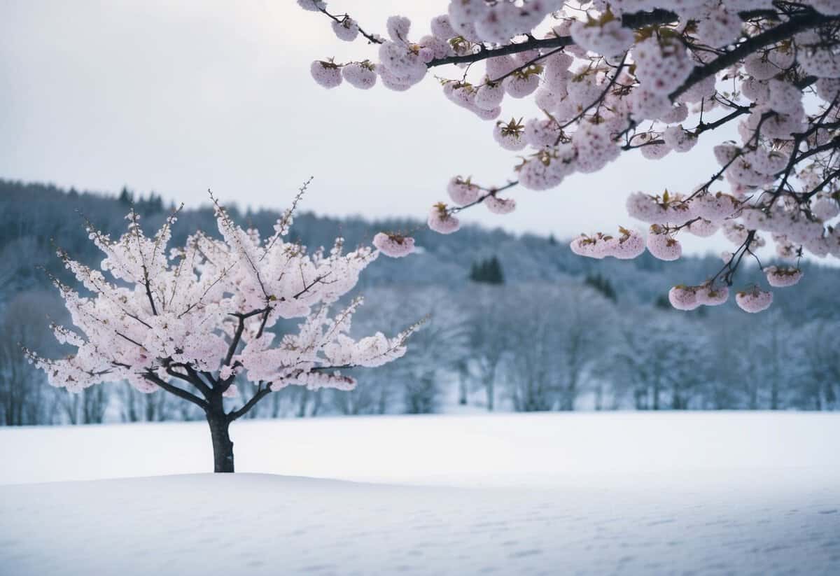 A serene, snow-covered landscape with a solitary, blooming cherry blossom tree in the foreground