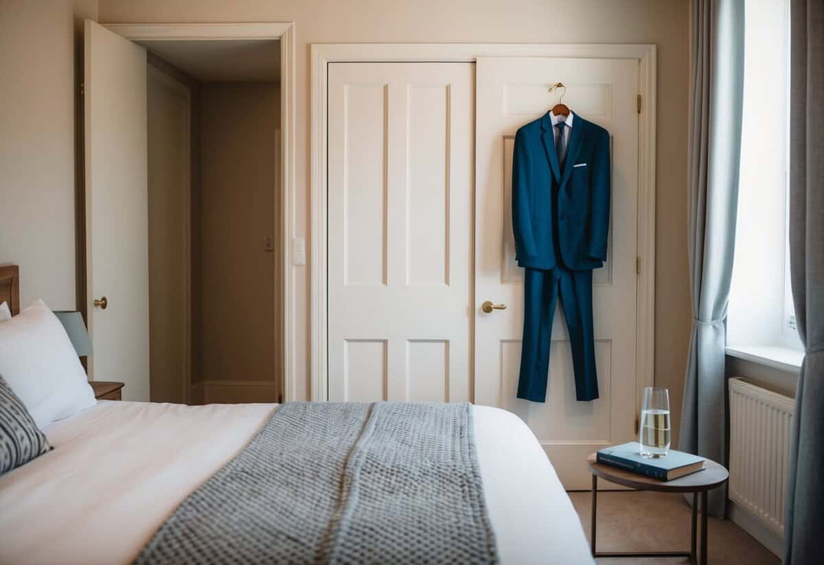 A cozy room with a neatly made bed, a suit hanging on the door, and a bedside table with a glass of water and a book