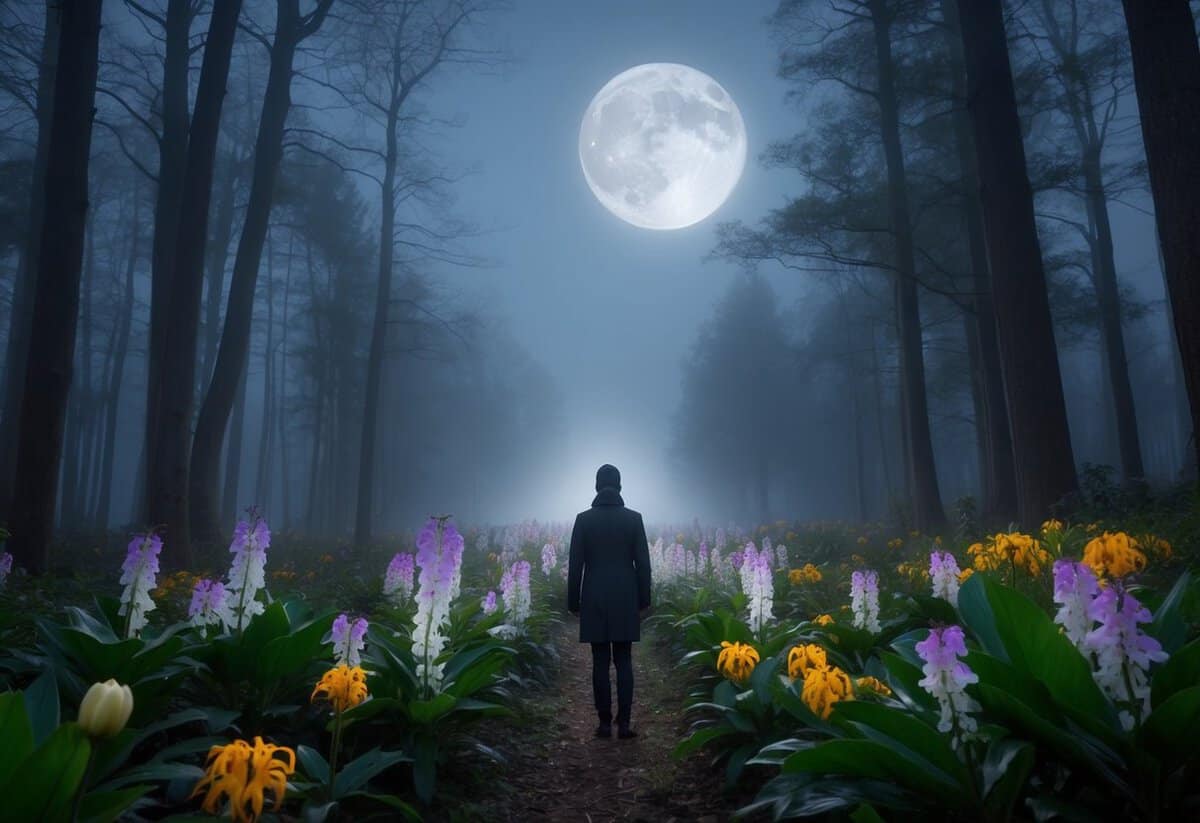 A solitary figure stands in a misty forest, surrounded by rare and exotic flowers blooming in the moonlight