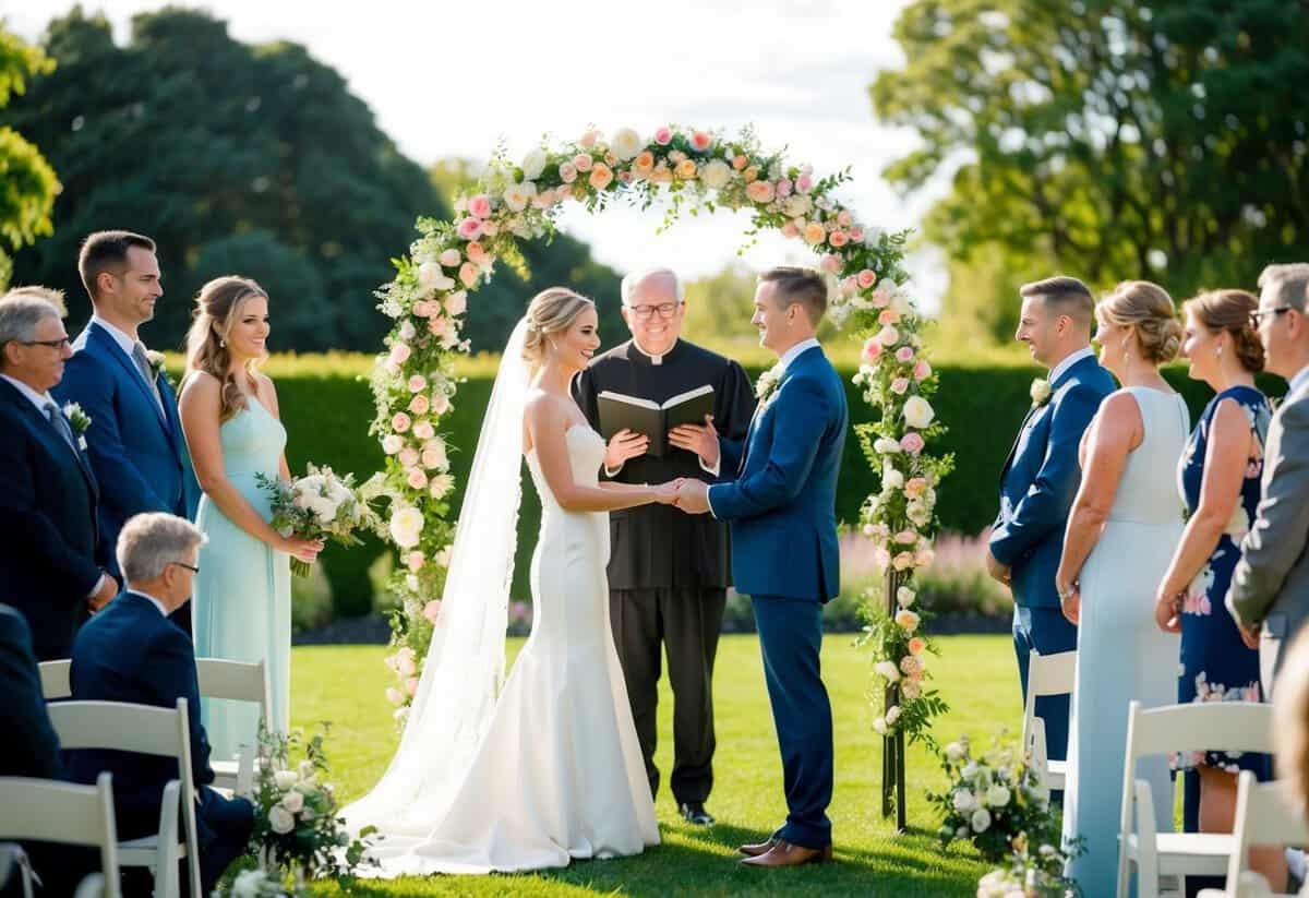A bride and groom stand beneath a floral arch in a sunlit garden, surrounded by family and friends. A minister officiates the ceremony as the couple exchanges vows