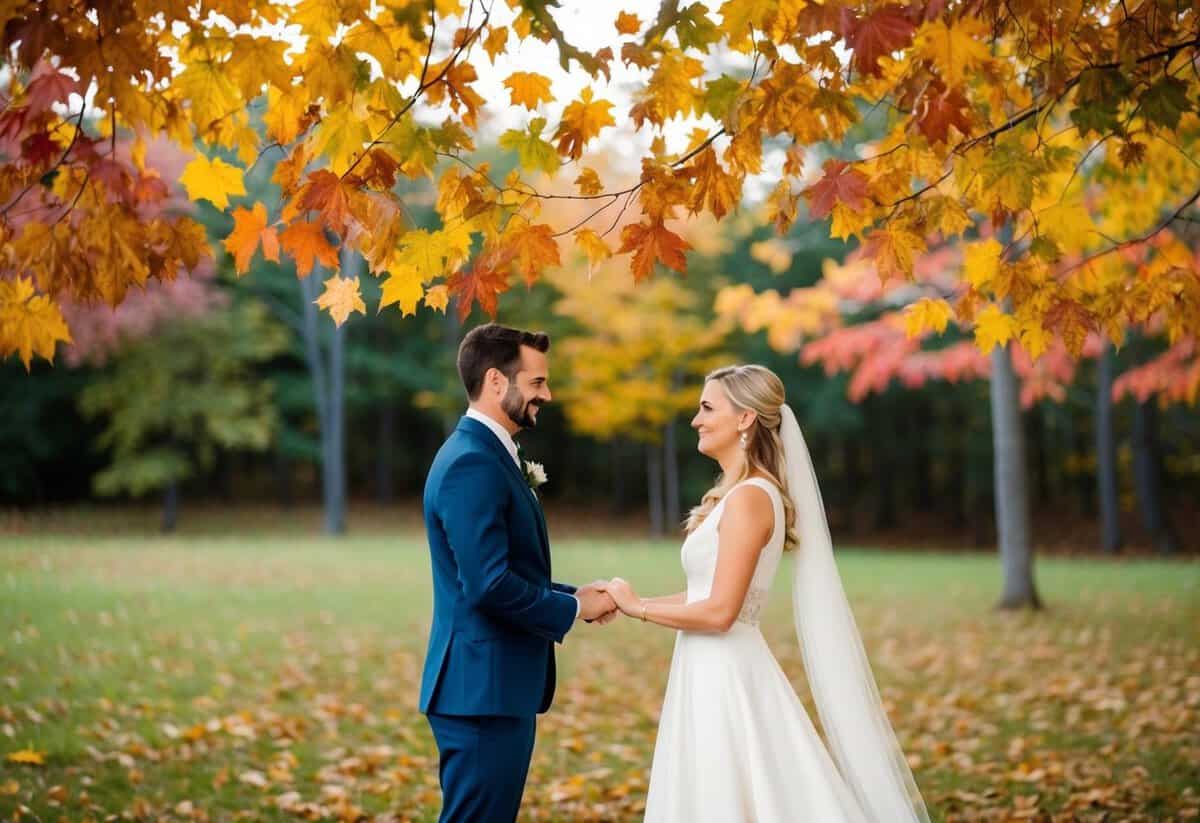 A couple exchanging vows under a canopy of colorful autumn leaves, surrounded by the serene beauty of a secluded forest clearing