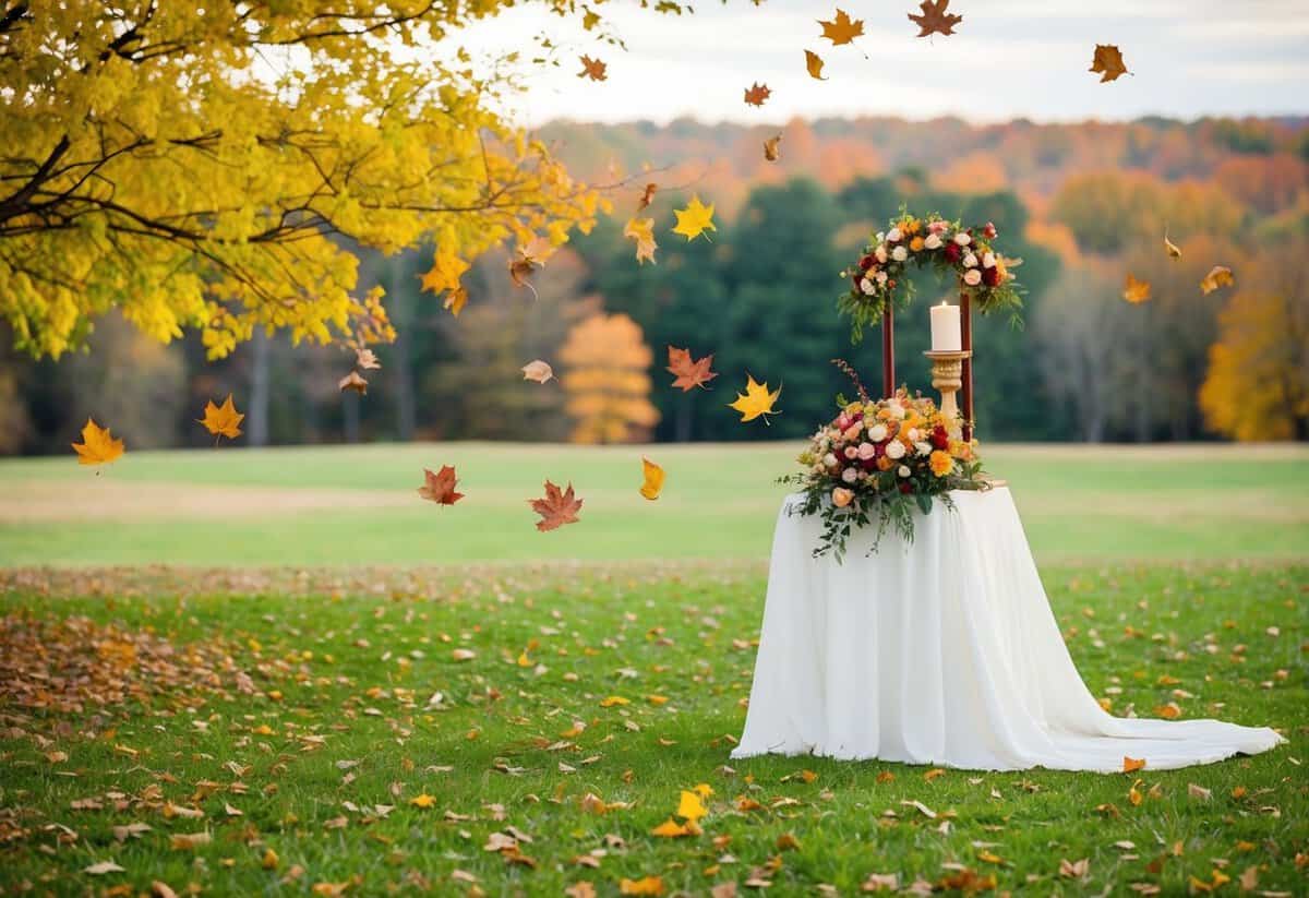 A serene autumn landscape with colorful leaves falling and a traditional wedding altar adorned with seasonal flowers