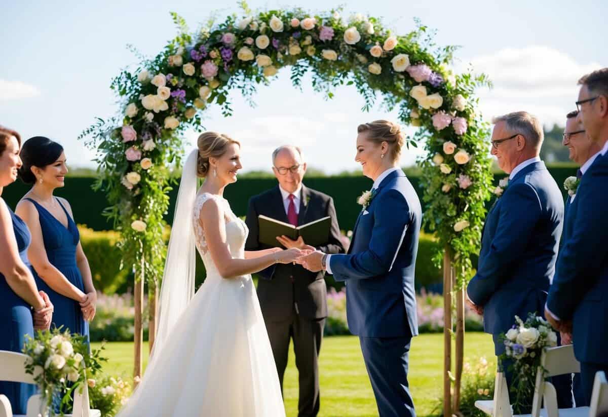 A bride and groom stand beneath a floral arch in a sunlit garden, surrounded by family and friends. A minister officiates the ceremony as the couple exchanges vows