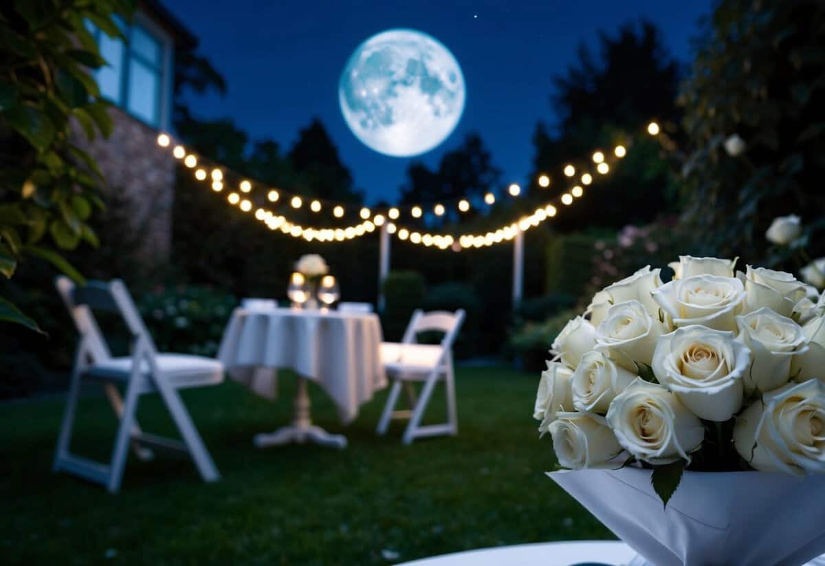 The bride's night before the wedding: a moonlit garden with twinkling lights, a table set for two, and a bouquet of white roses
