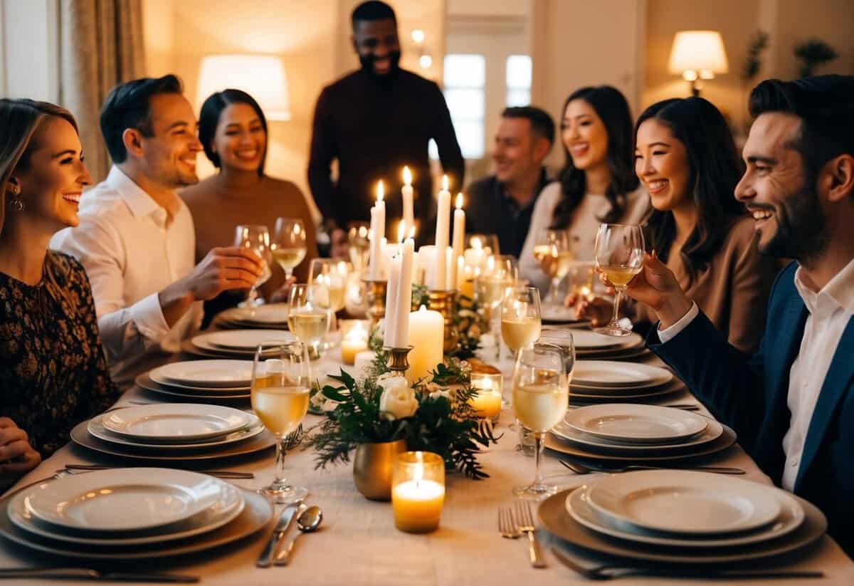 A table set with elegant dinnerware and candles, surrounded by happy guests chatting and laughing in a warm, cozy atmosphere