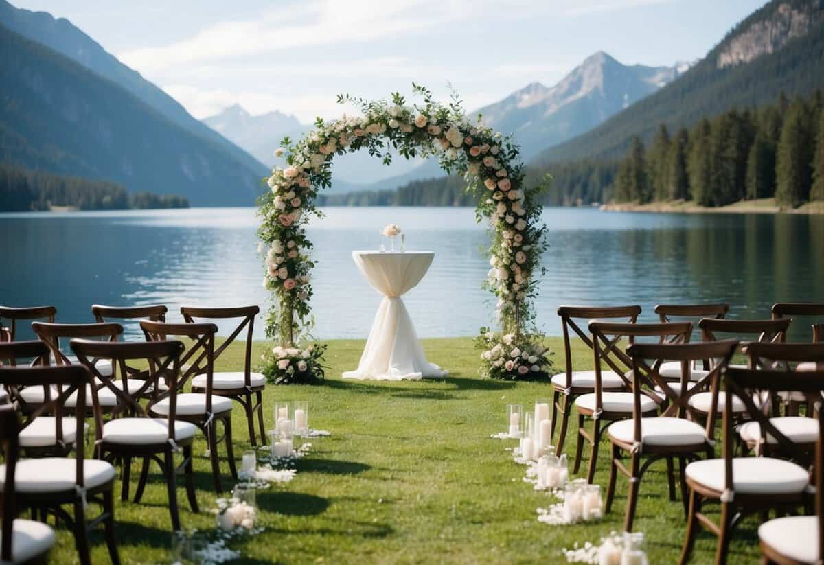 A serene outdoor wedding ceremony with a floral arch, scattered chairs, and a scenic backdrop of mountains and a calm lake