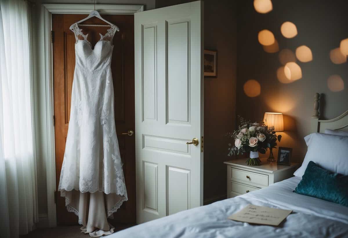 The bride's night before the wedding: a dimly lit room with a lace bridal gown hanging on a door, a bouquet of flowers, and a handwritten note on a bedside table