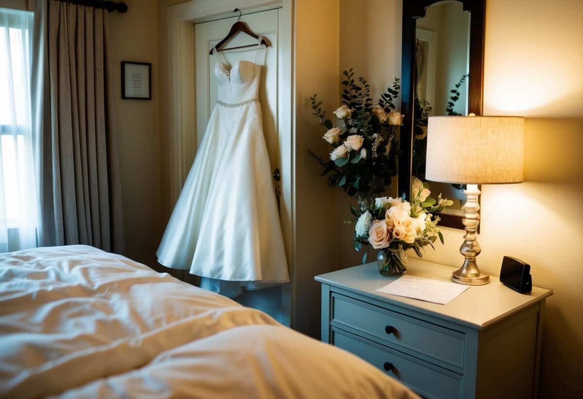 A cozy, candlelit bedroom with a white wedding dress hanging on the door, a bouquet of flowers on the nightstand, and a handwritten note from the groom