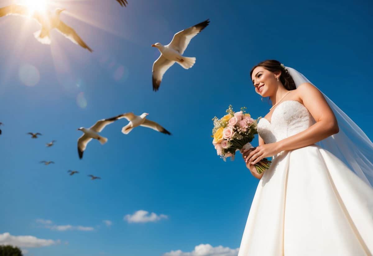 A bride holding a bouquet of flowers, standing under a sunny sky with birds flying overhead