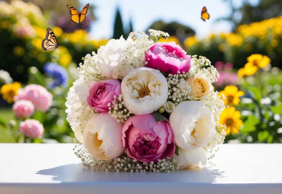 A bride's bouquet of peonies, roses, and baby's breath, set against a backdrop of a sunny garden filled with blooming flowers and fluttering butterflies
