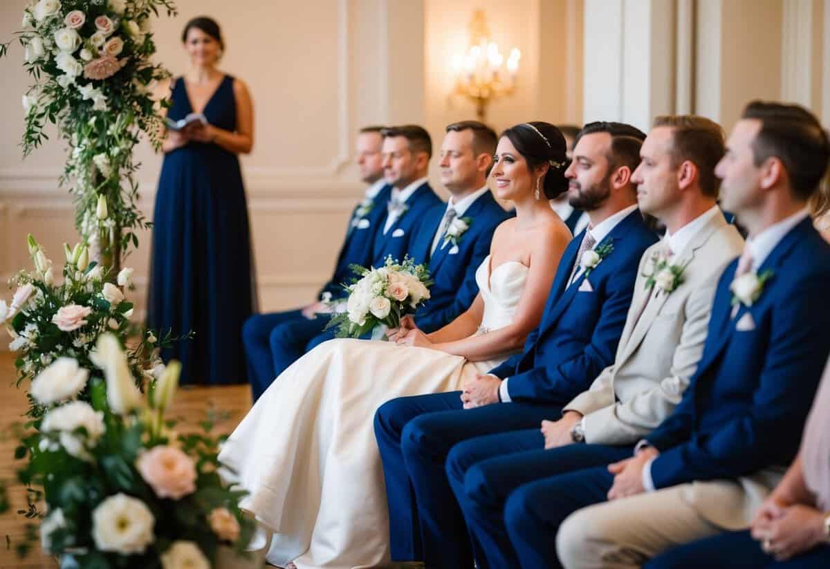 A woman in a flowing gown sits in the front row, surrounded by flowers and elegant decor, as she watches the wedding ceremony unfold