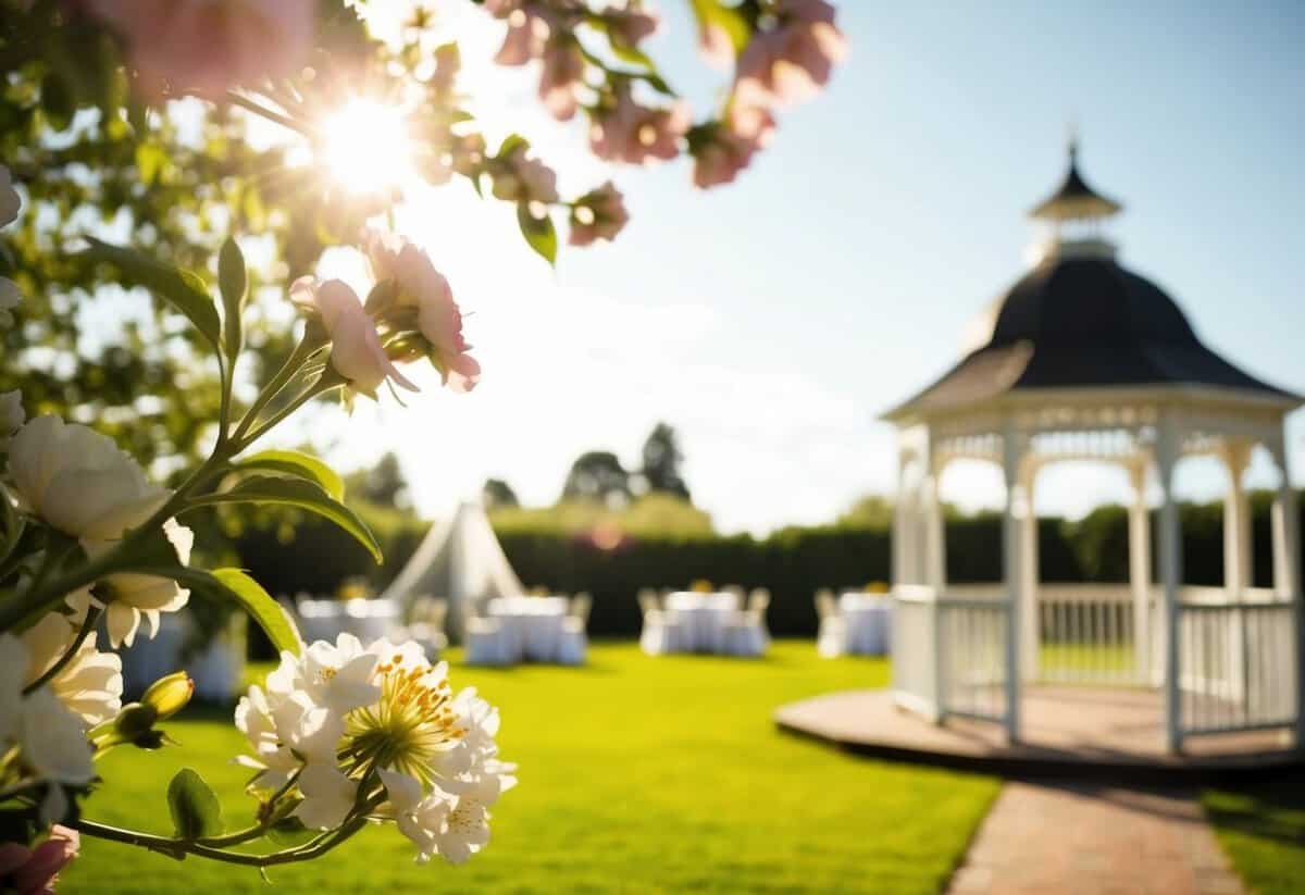 A sunny outdoor wedding venue with blooming flowers and a romantic gazebo