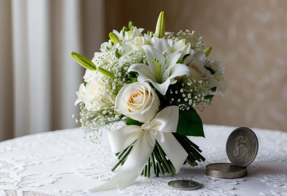 A bride's bouquet of white roses, lilies, and baby's breath, tied with a satin ribbon, sits on a lace tablecloth next to a vintage silver sixpence for luck