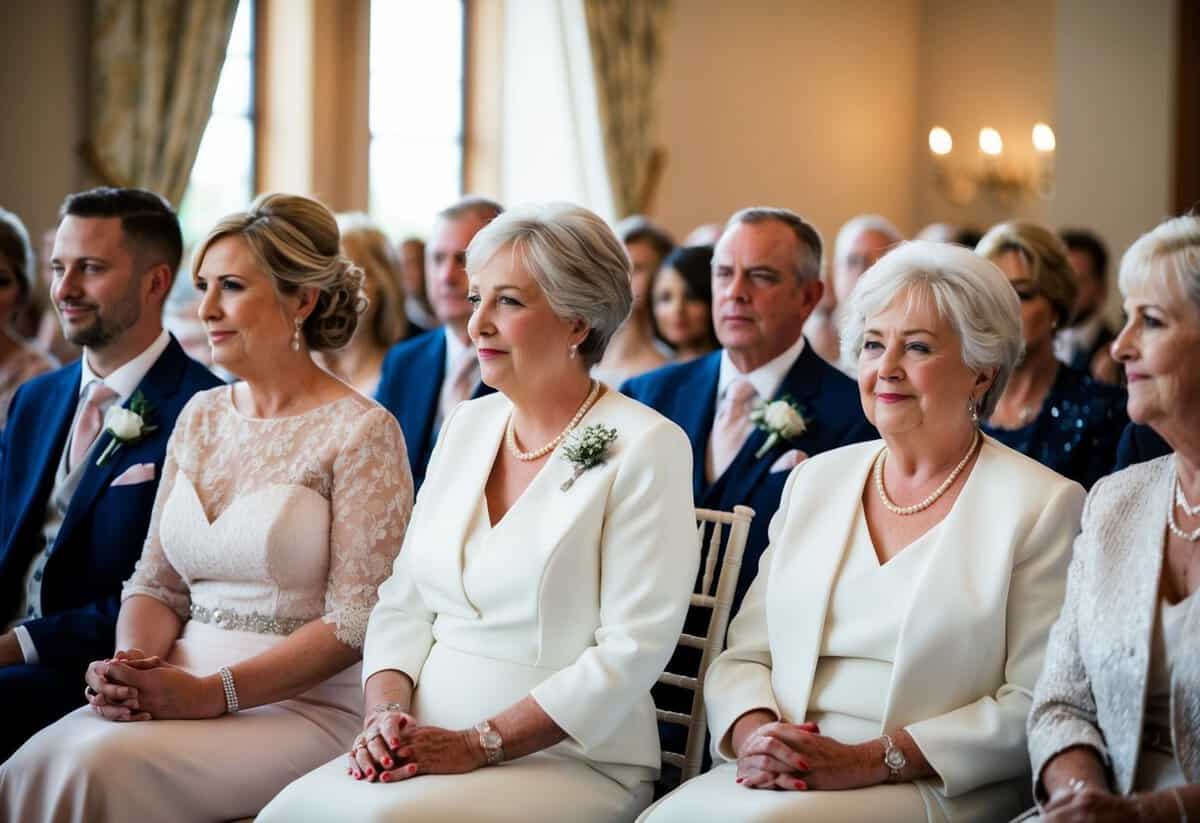 A mother is seated first at a wedding, followed by the mother of the bride, then the mother of the groom
