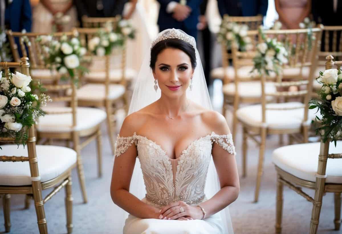 A woman in an elegant dress sits in the front row of a wedding, surrounded by beautifully decorated chairs and flowers