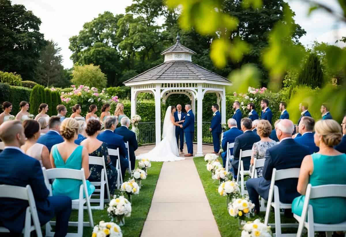 A wedding ceremony in a picturesque garden with a gazebo, blooming flowers, and guests seated in white chairs