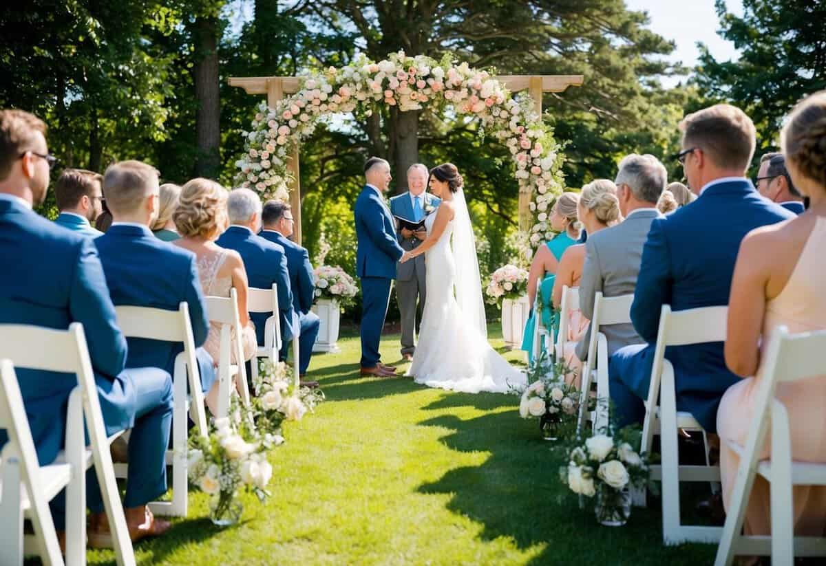 A sunny outdoor wedding ceremony with guests seated on white chairs, a floral arch, and a bride and groom standing at the altar