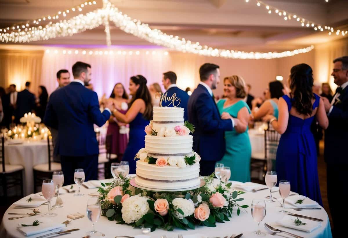 A wedding reception with decorations, flowers, and a tiered cake. Tables set with place settings and centerpieces. Guests mingling and dancing