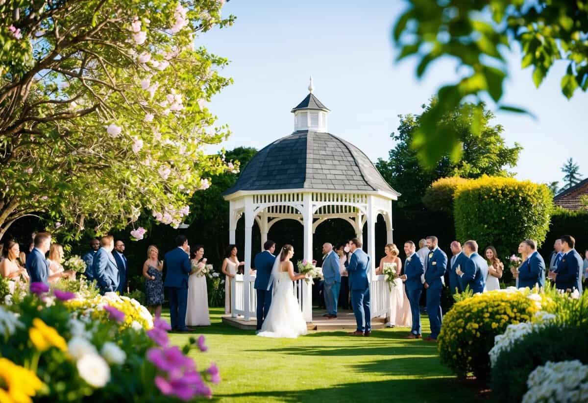 A sunny garden with blooming flowers and a white gazebo, surrounded by happy guests, suggests a popular month for weddings