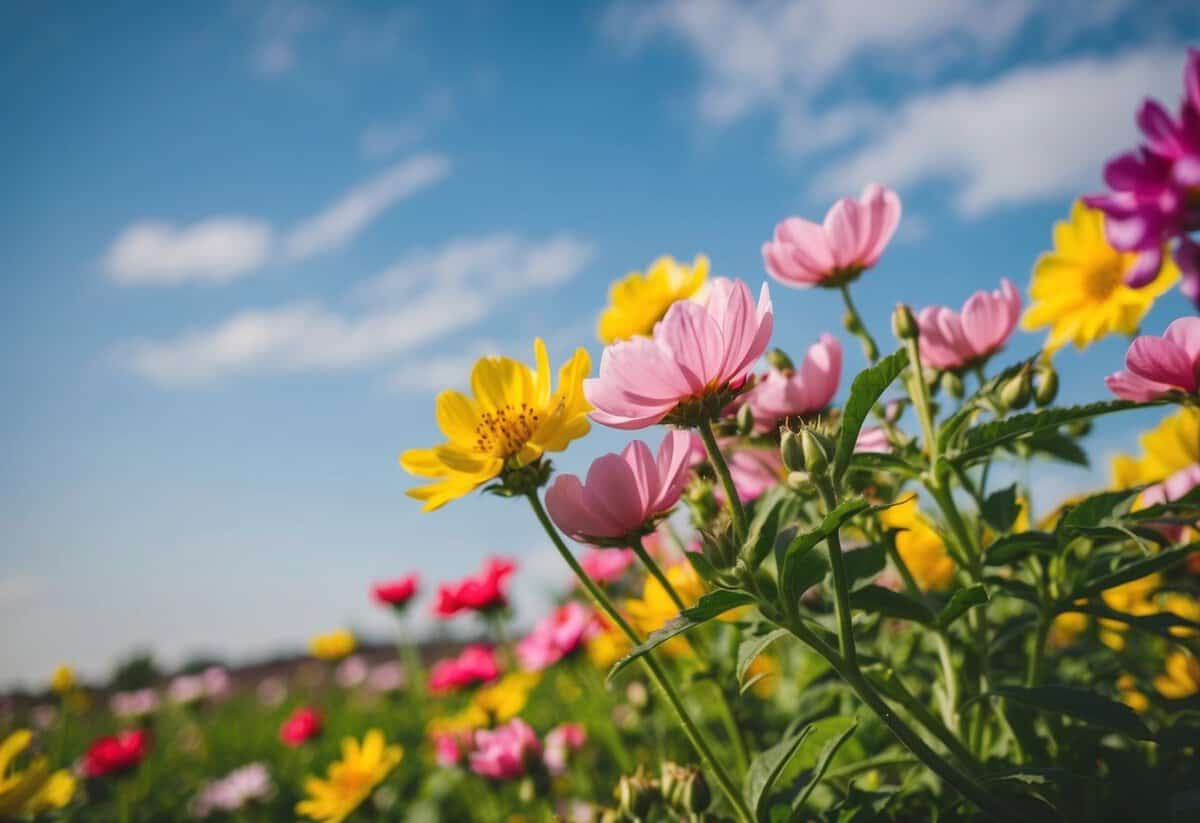 A vibrant scene of blooming flowers and clear skies in June