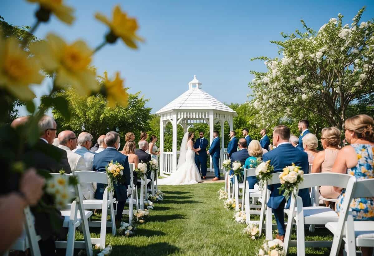 A sunny outdoor wedding ceremony in June with blooming flowers and a white gazebo