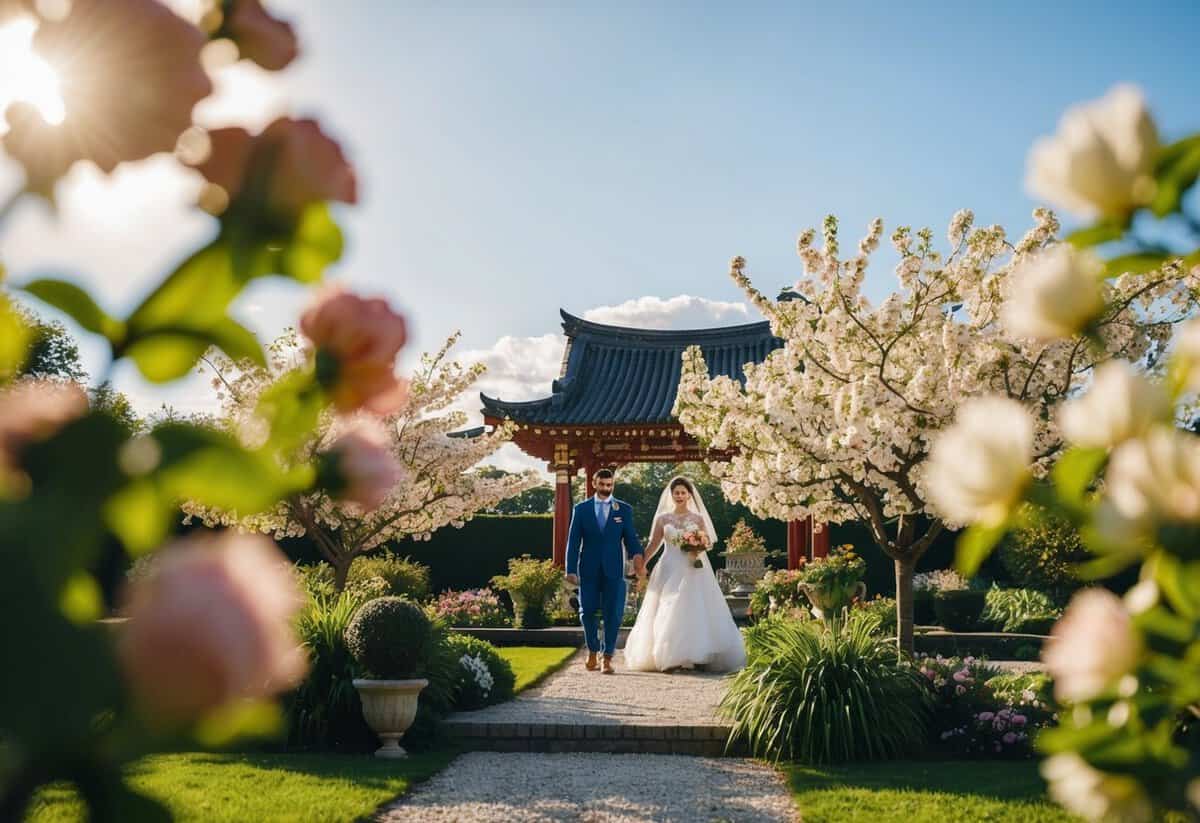 A traditional wedding scene in a garden with blooming flowers and a sunny sky
