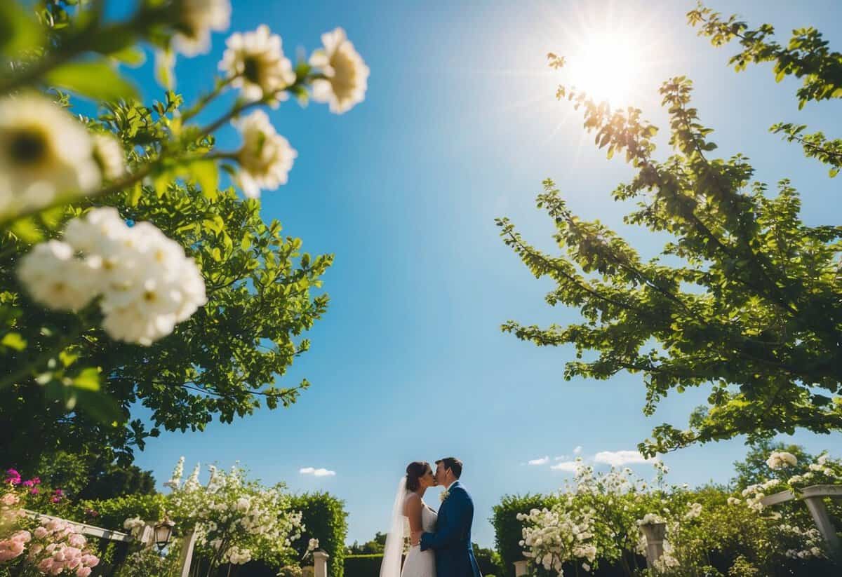 A sunny outdoor wedding in June, with blooming flowers, greenery, and clear blue skies