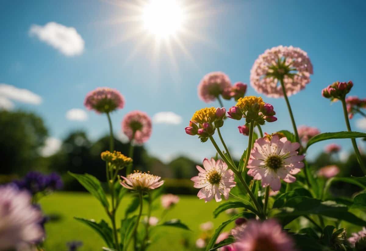 A June wedding scene with blooming flowers and a sunny sky