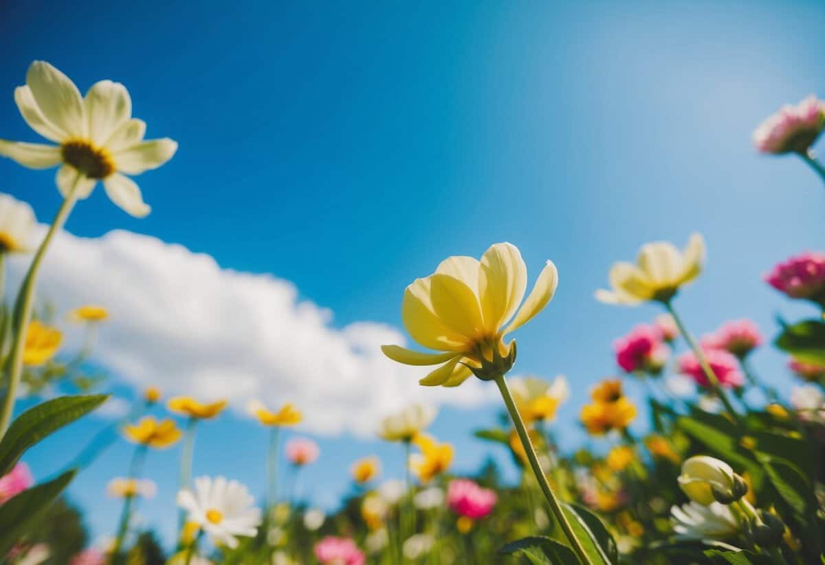 A sunny outdoor wedding in June with blooming flowers and a clear blue sky